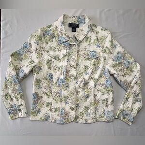 Charter Club Women’s White Jean Jacket w Green and Blue Floral Design Sz Large